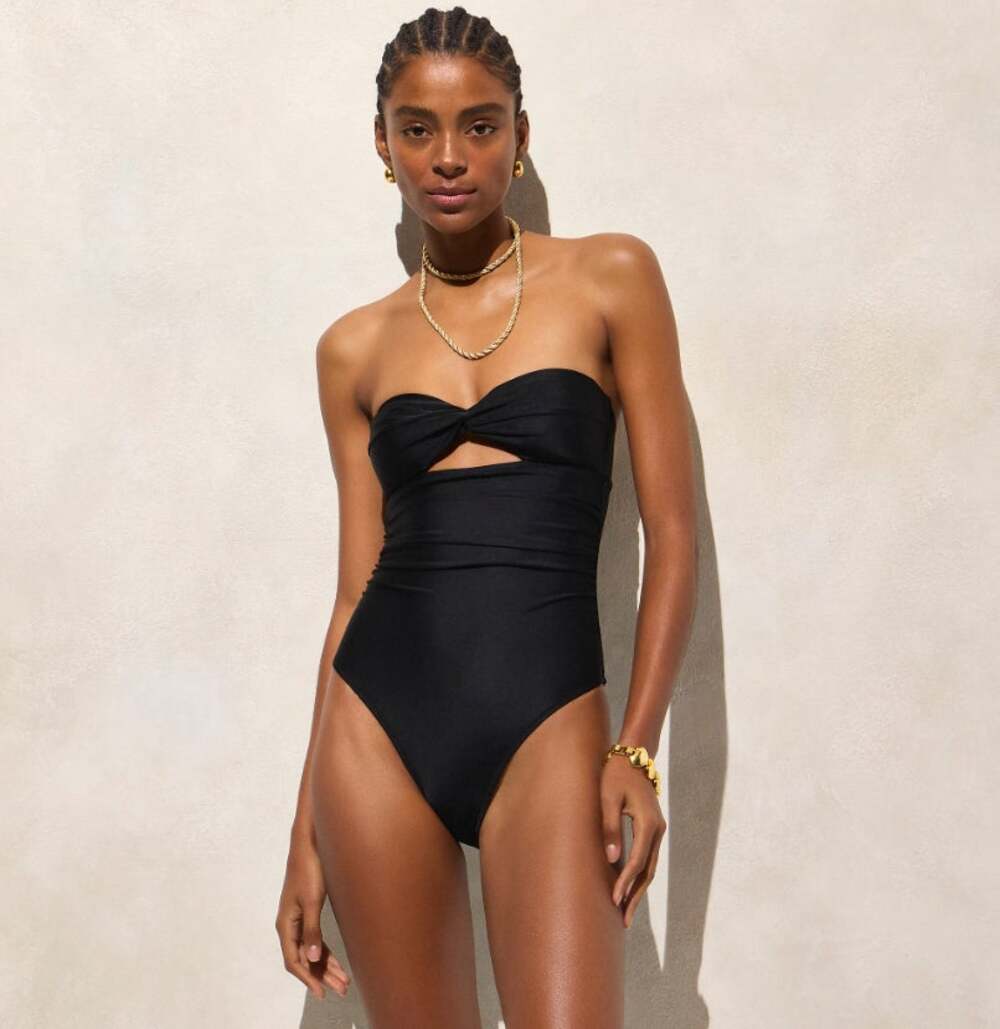 J.Crew Gemma Ruched Bandeau Cut-out One Piece Swimsuit 10 Black Removable Straps